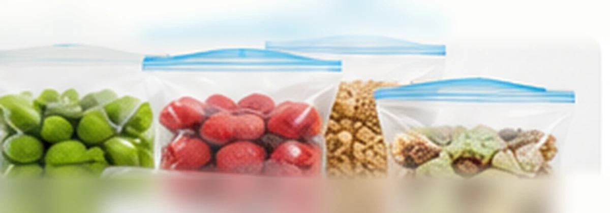 أكياس شفافة لحفظ الطعام بأحجام مختلفة مع مواد غذائية متنوعة